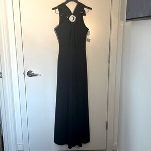 Vintage 1970s Jack Hartley Black Crystal Brooch Formal Maxi Dress​​​​​​​​​​​